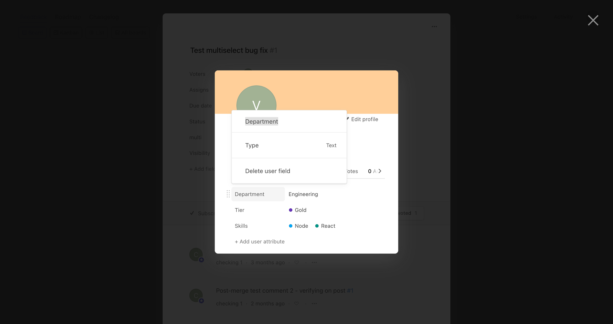 Field settings popover showing the rename field, type, and Delete user field option