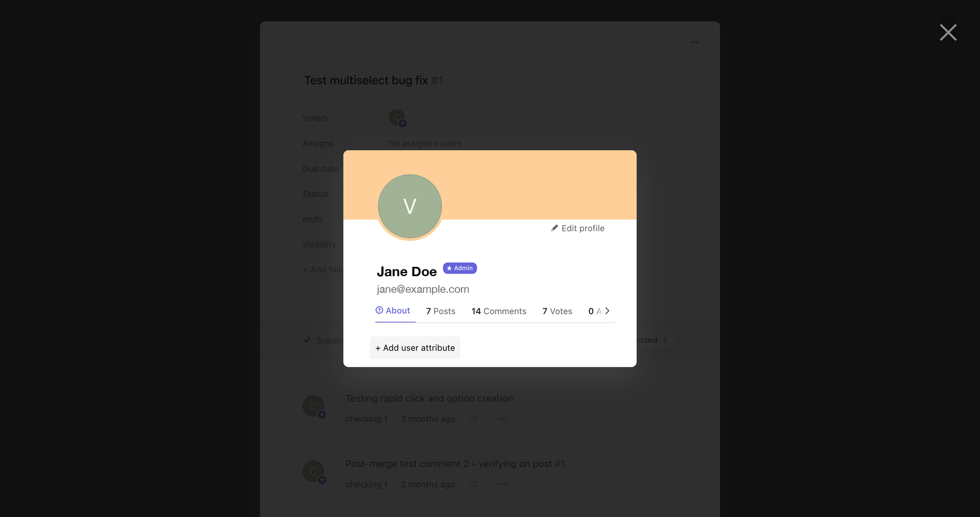 Profile modal open on the About tab, with the "+ Add user attribute" button at the bottom
