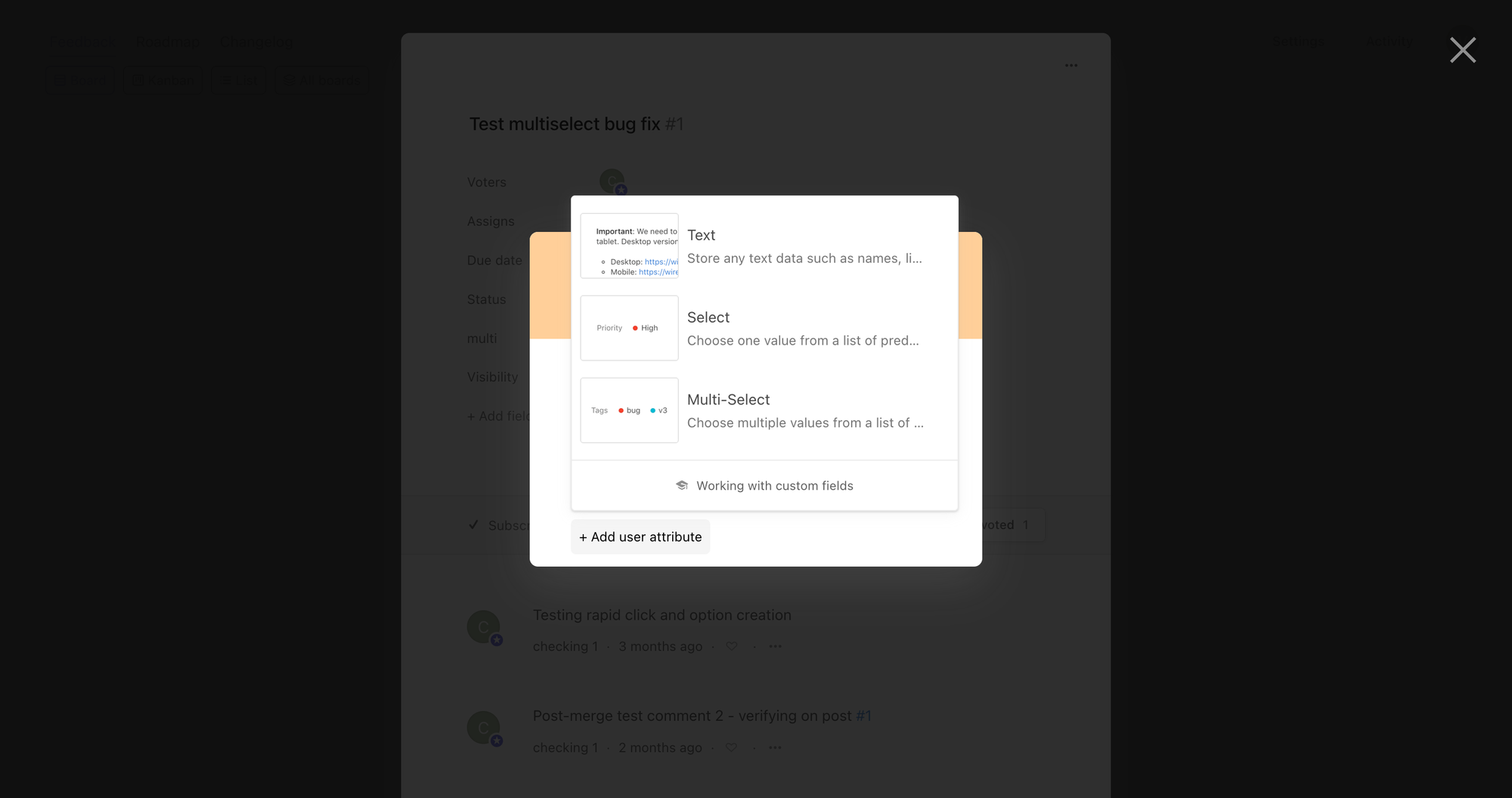 Type picker showing Text, Select, and Multi-Select with mini previews