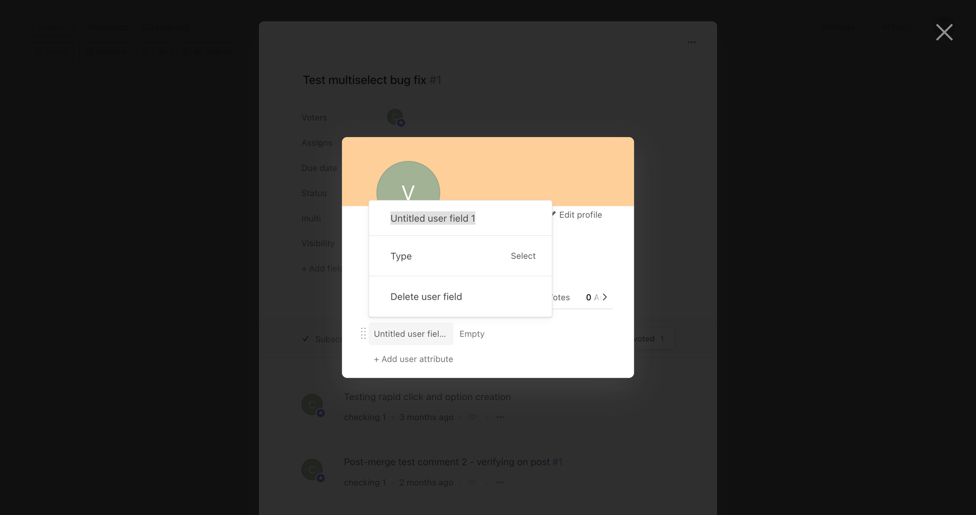 New attribute placeholder named "Untitled user field 1" with Type = Select