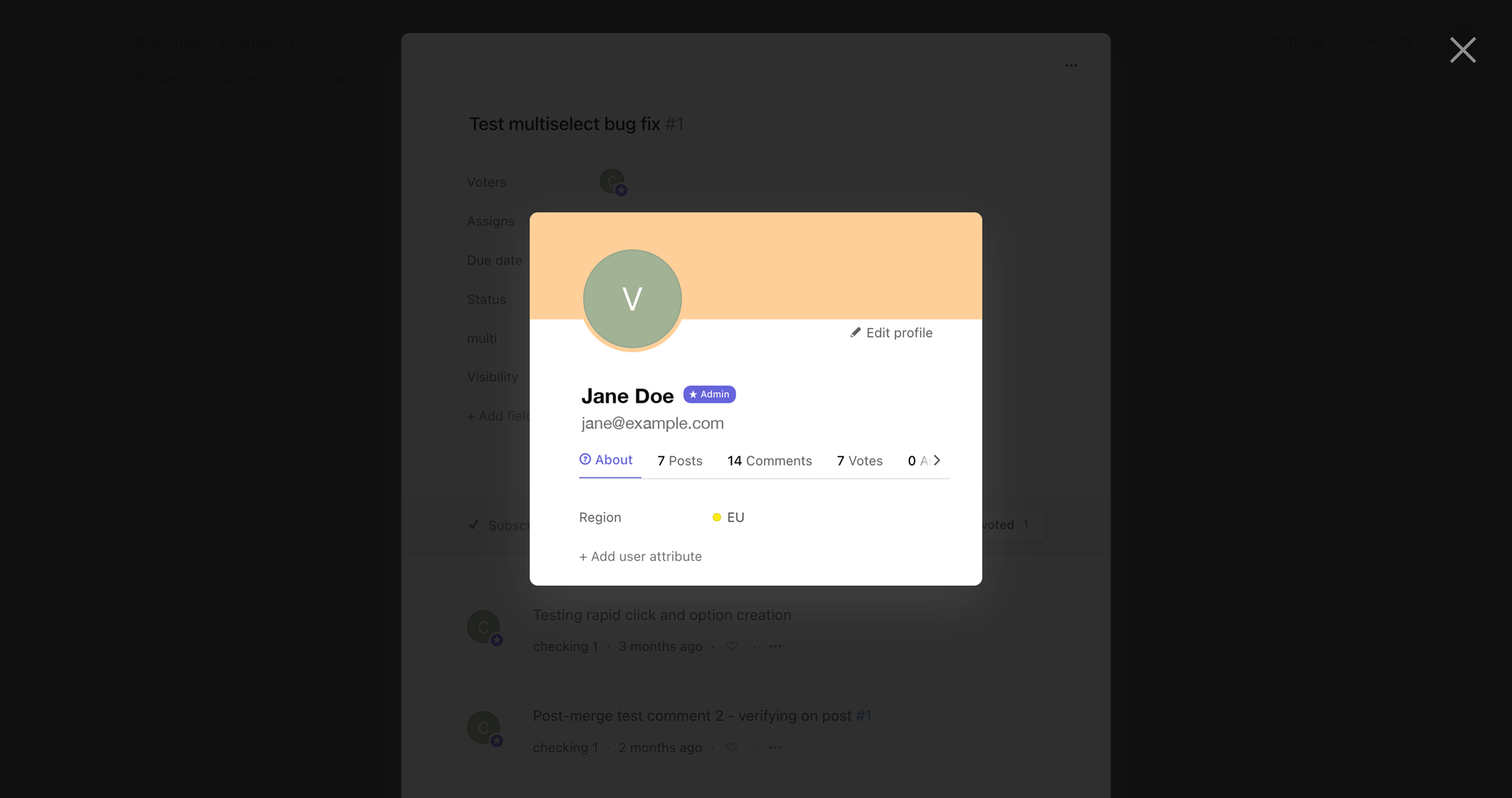 User profile with Region attribute set to EU