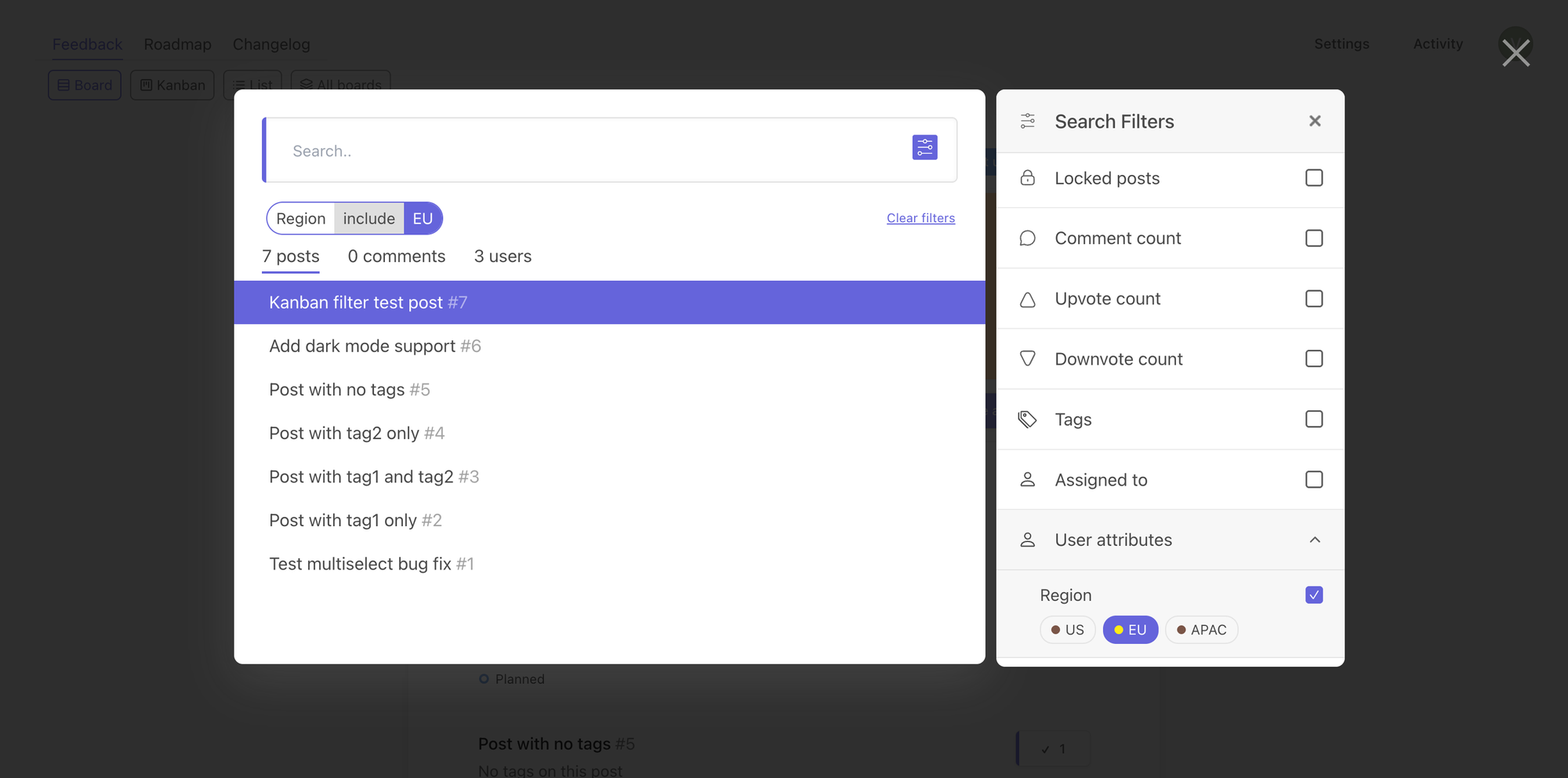 Advanced Search with the User attributes section expanded, Region = EU selected, and 7 matching posts shown