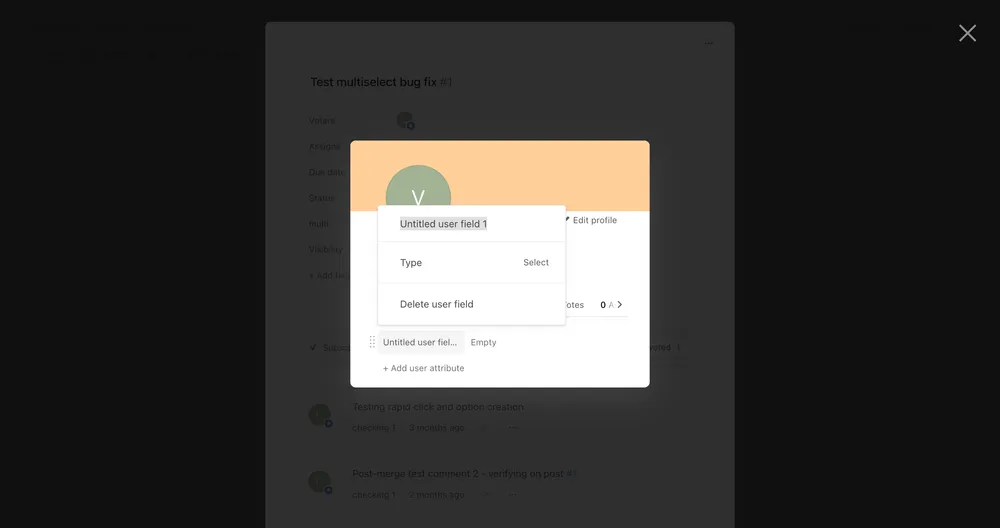 New attribute placeholder named "Untitled user field 1" with Type = Select